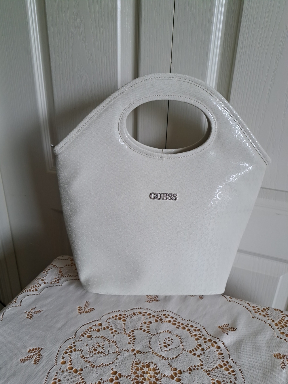 Guess White Patent Tote with Cutout Handles